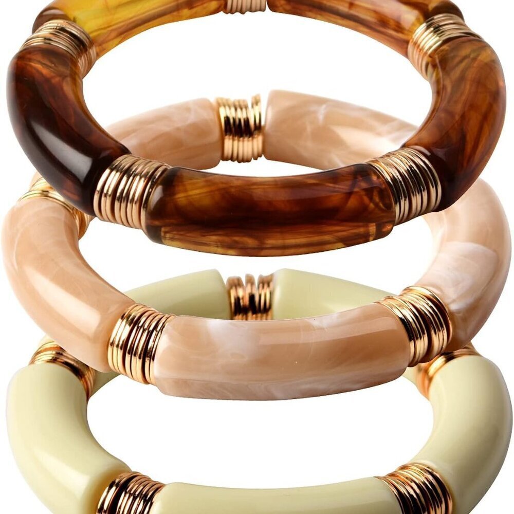 Beaded Gold Bangles Set Women Chunky Bamboo Tube Acrylic Beads Stretchable